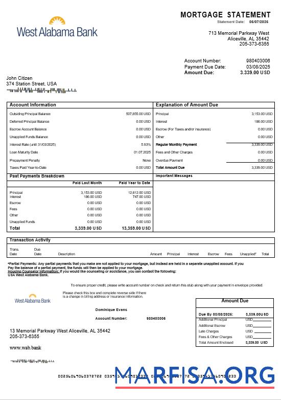 Printable USA West Alabama bank mortgage statement in Word and PDF formats template